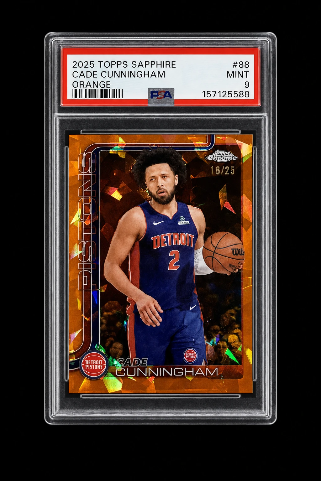 2025 Topps Sapphire Cade Cunningham Orange card numbered to 25 and graded PSA 9
