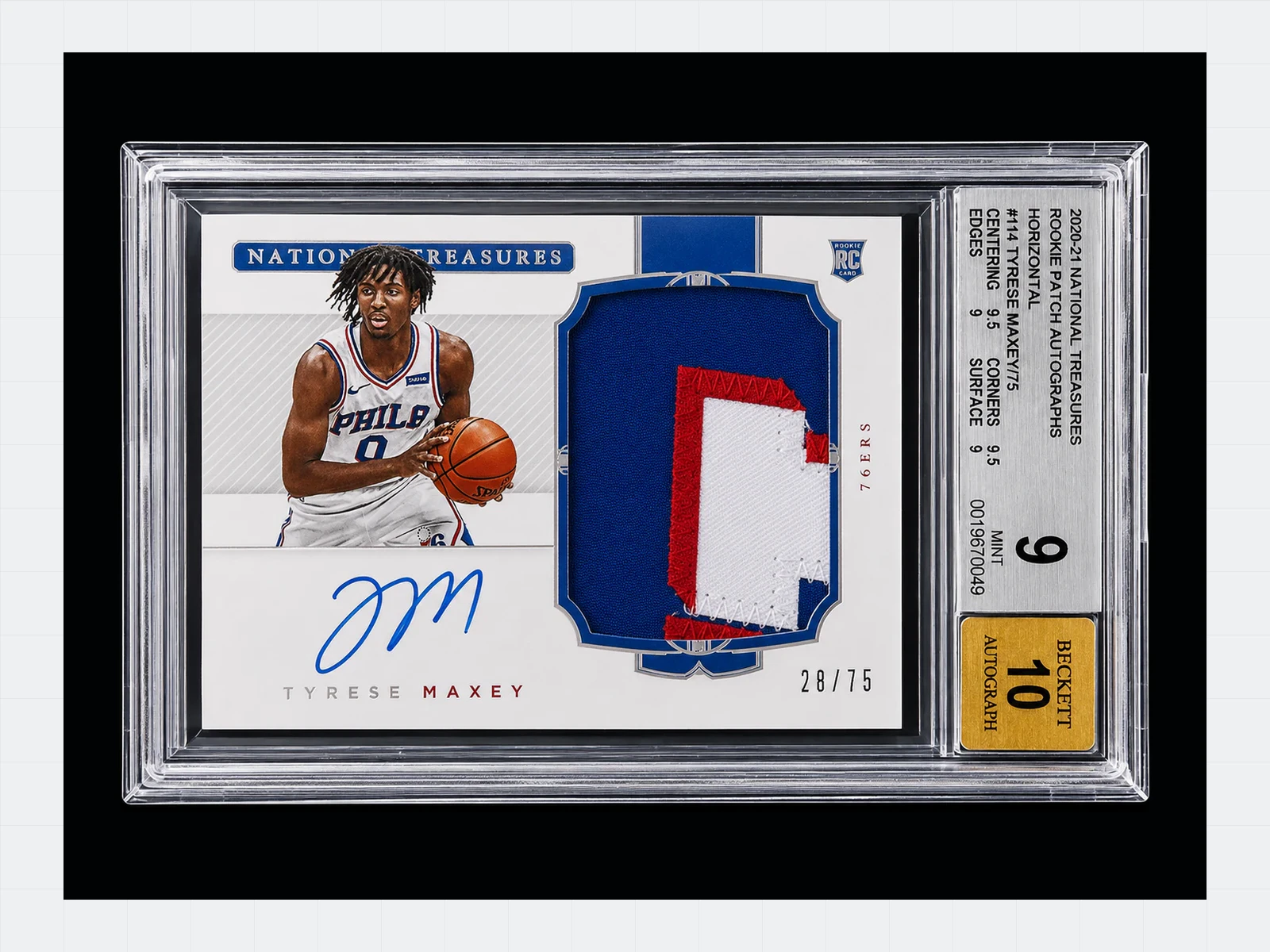 2020-21 National Treasures Tyrese Maxey rookie patch autograph graded BGS 9 with Auto 10
